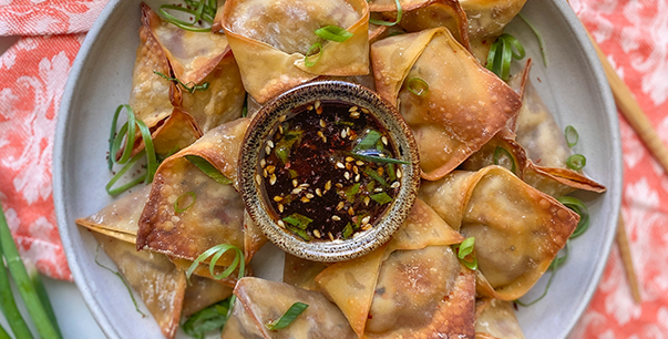 Baked Vegetable Wontons with Sesame-Apricot Dipping Sauce